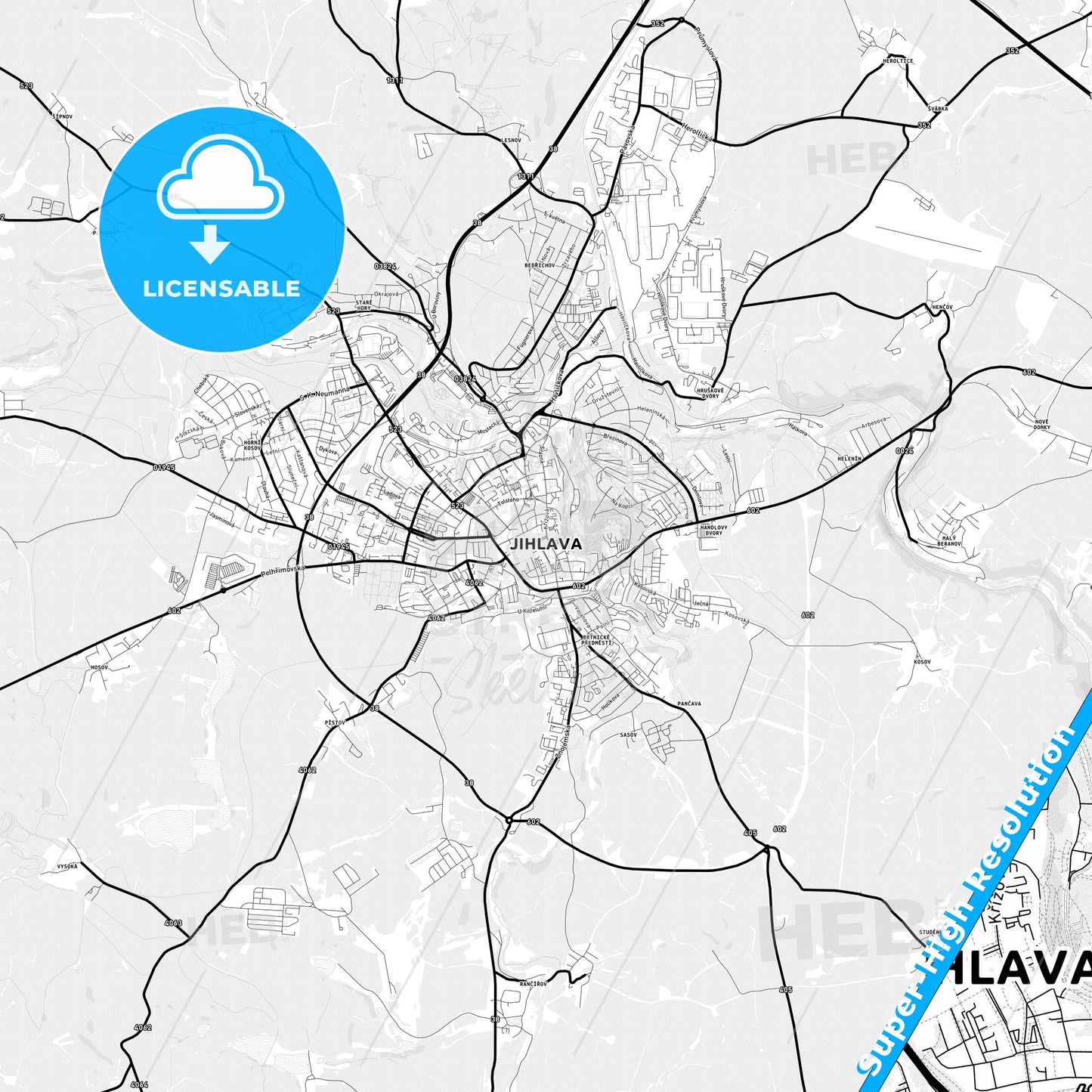 Jihlava, Czechia Light Map with Street Names, City Names, and Districts