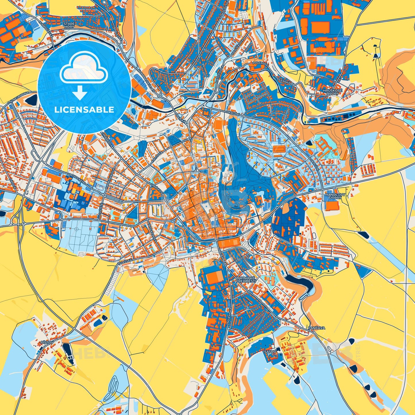 Colorful Jihlava Street Map with Labels and Buildings