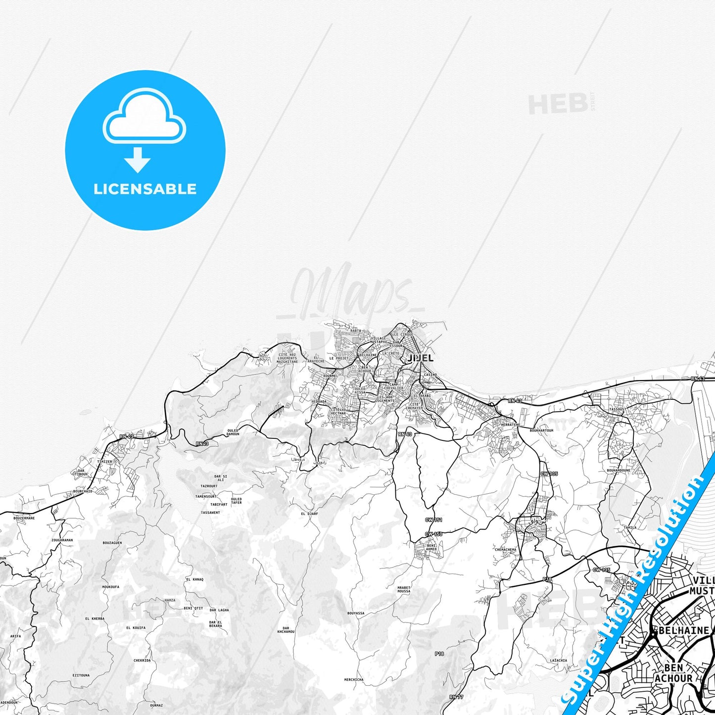 Jijel, Algeria light map with streetnames, citynames and districts