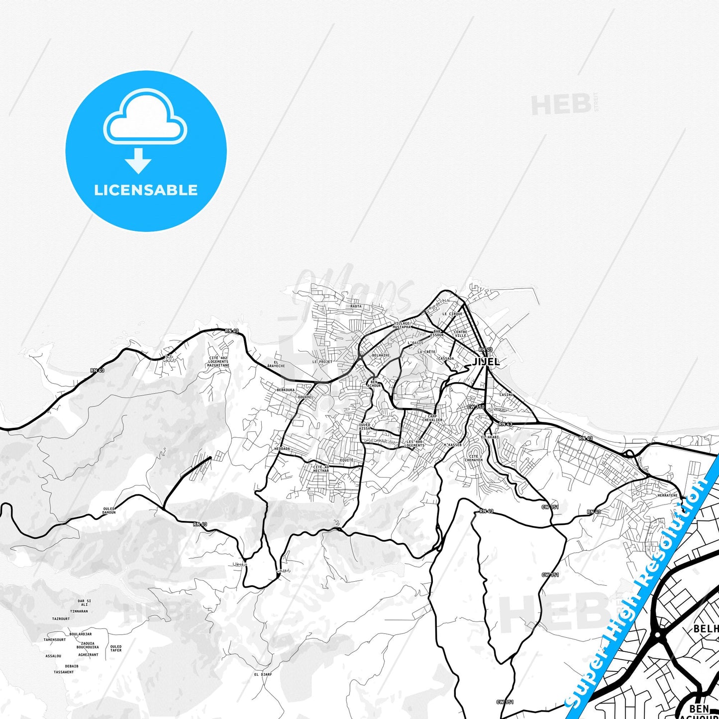 Jijel, Algeria Light Map with Street Names, City Names, and Districts