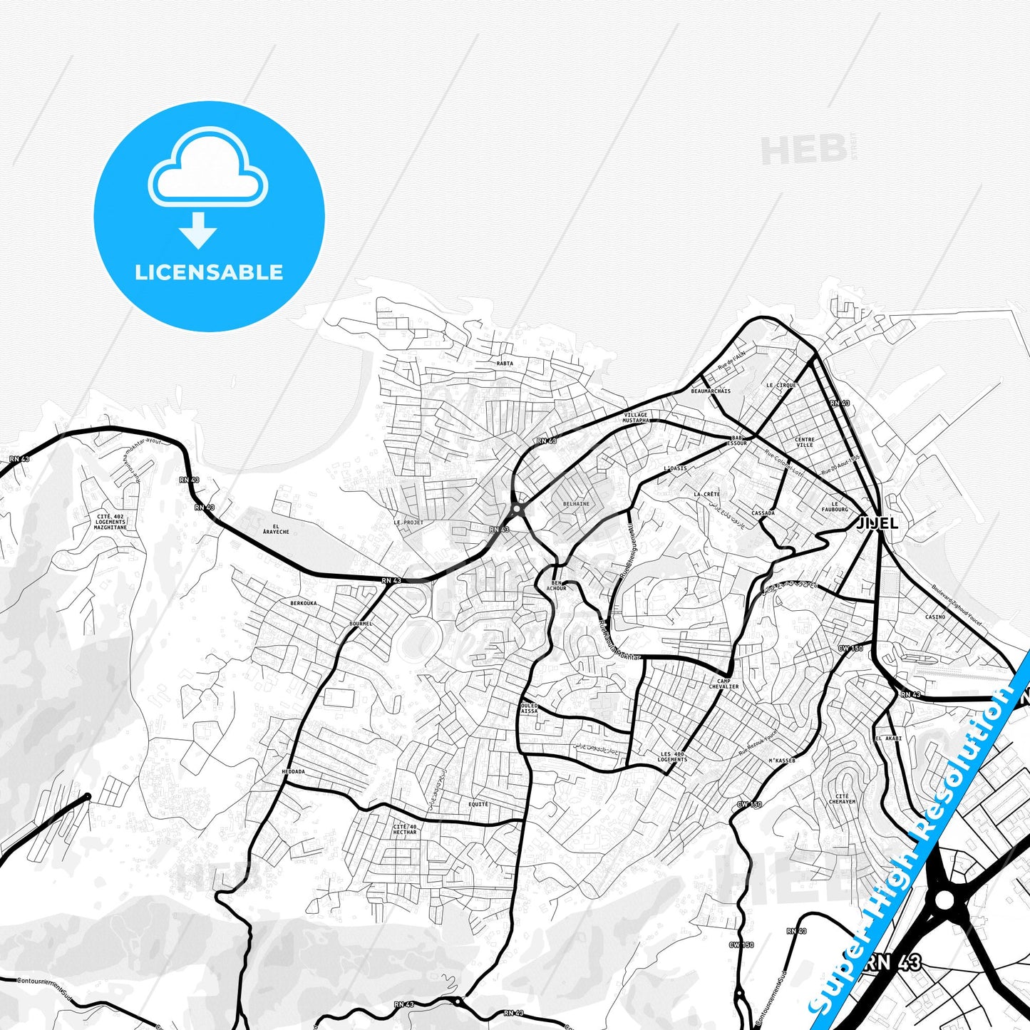 Jijel, Algeria Light Map with Street Names, City Names, and Districts