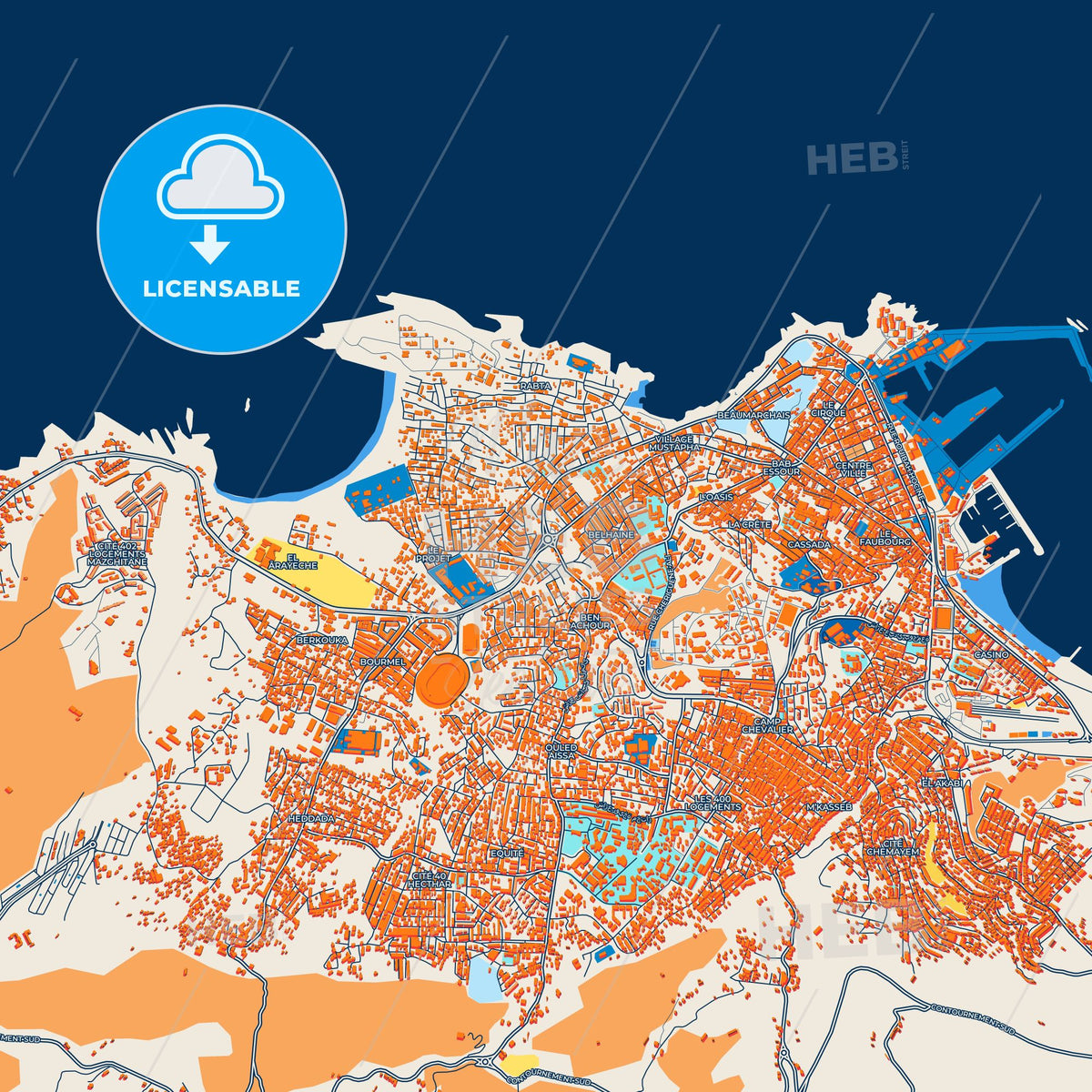 Colorful Jijel Street Map with Labels and Buildings