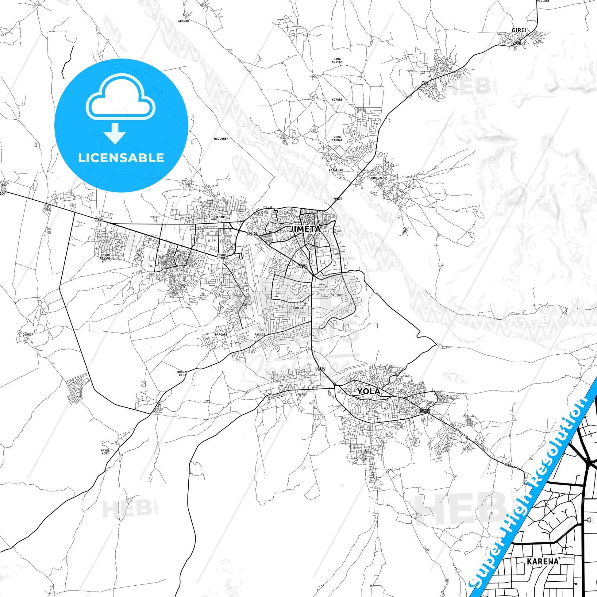 Jimeta, Nigeria light map with streetnames, citynames and districts