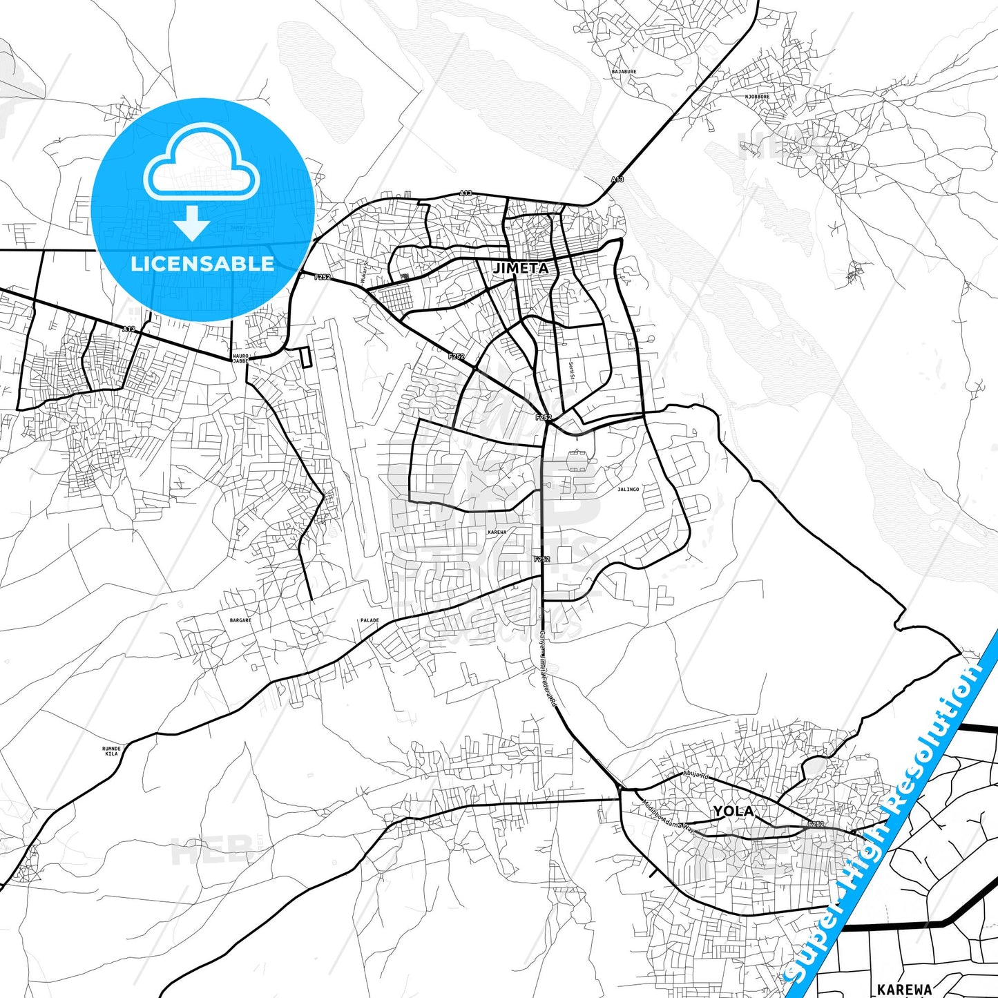 Jimeta, Nigeria Light Map with Street Names, City Names, and Districts