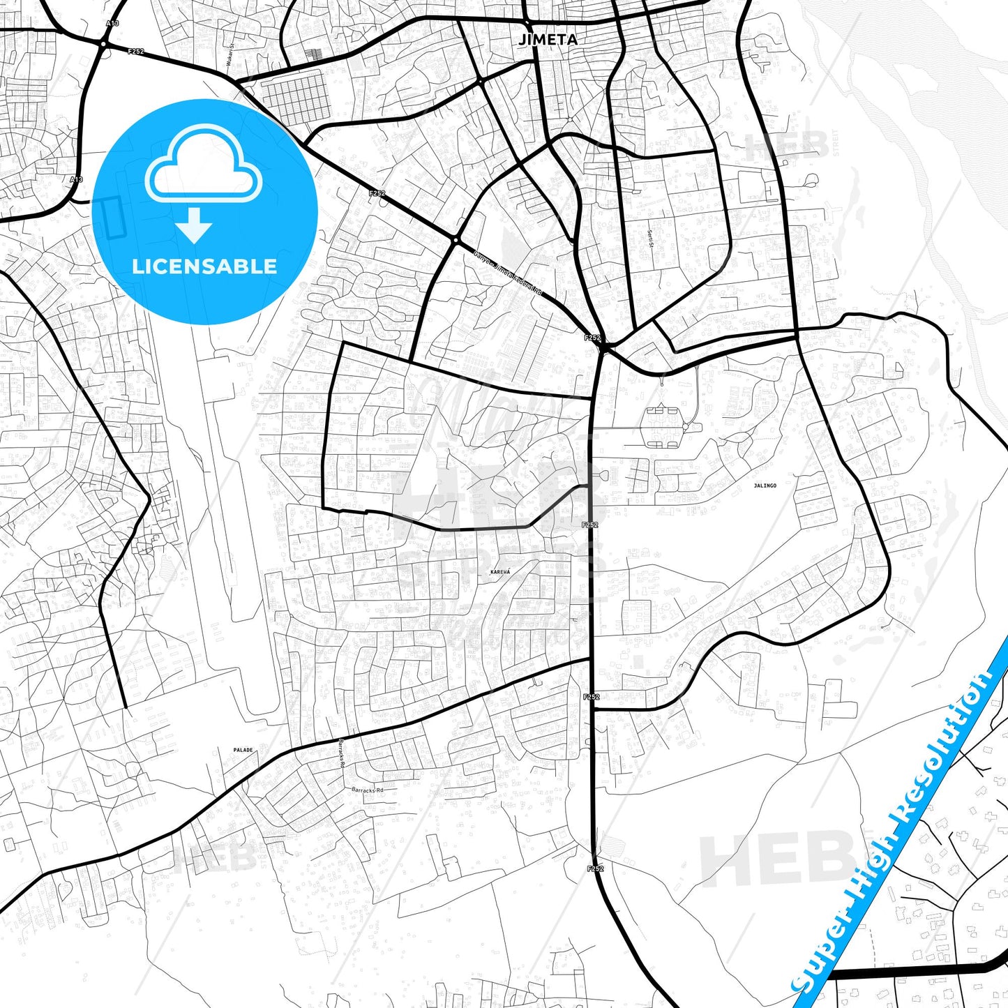 Jimeta, Nigeria Light Map with Street Names, City Names, and Districts