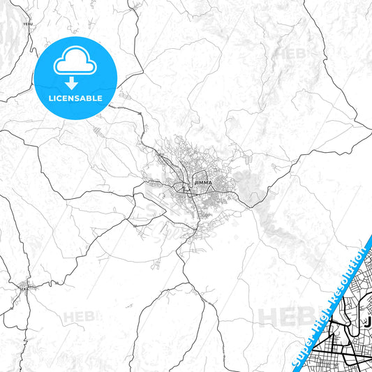 Jimma, Ethiopia light map with streetnames, citynames and districts