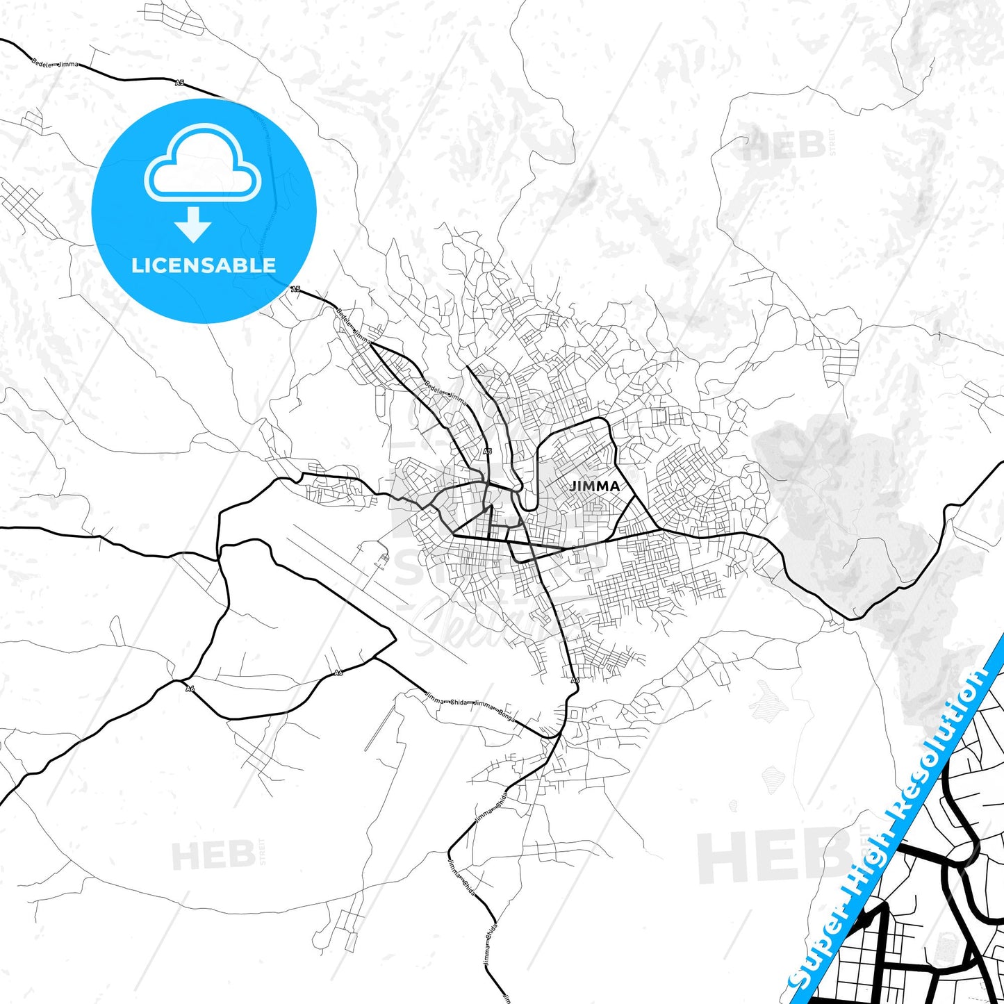 Jimma, Ethiopia Light Map with Street Names, City Names, and Districts