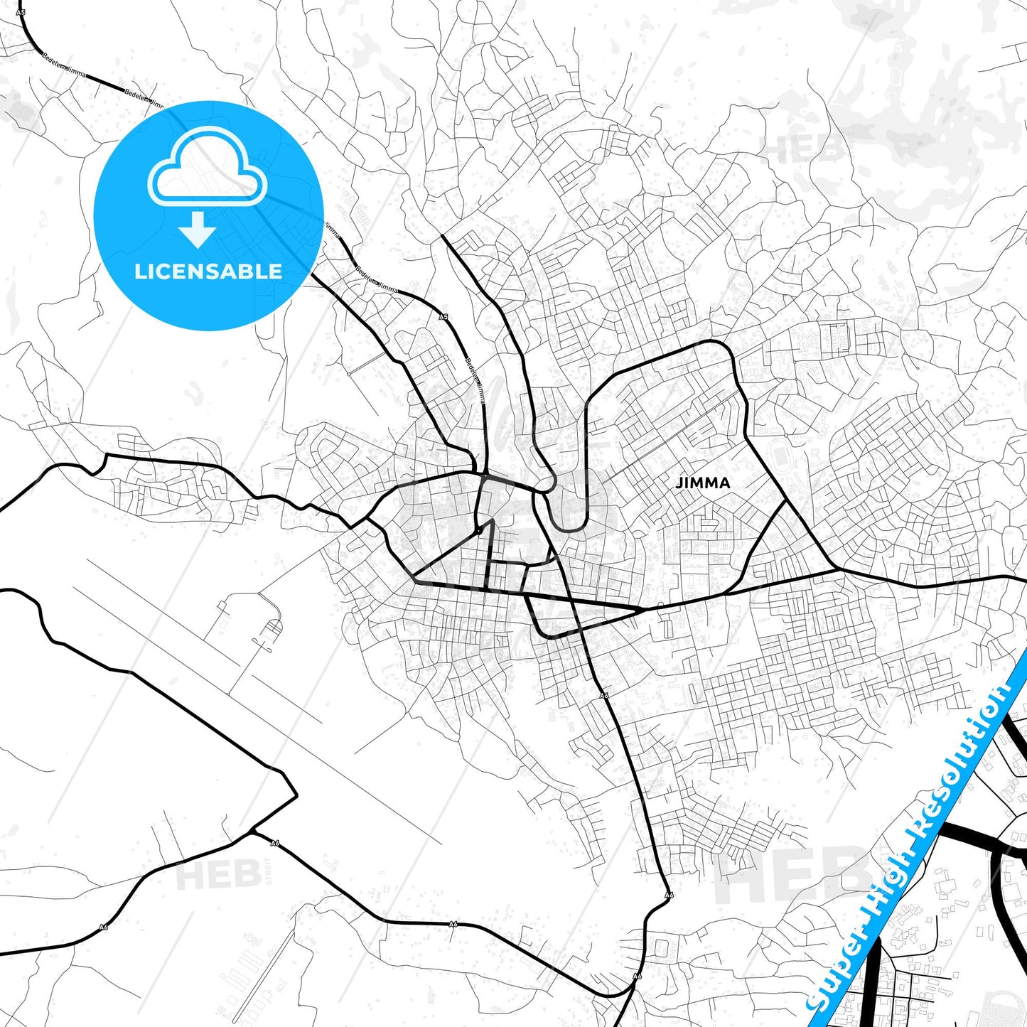 Jimma, Ethiopia Light Map with Street Names, City Names, and Districts
