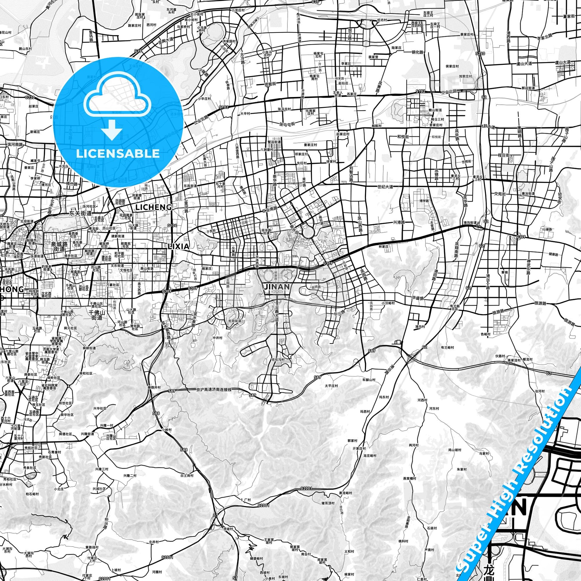 Jinan, China light map with streetnames, citynames and districts