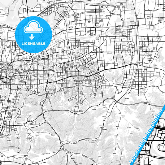 Jinan, China light map with streetnames, citynames and districts