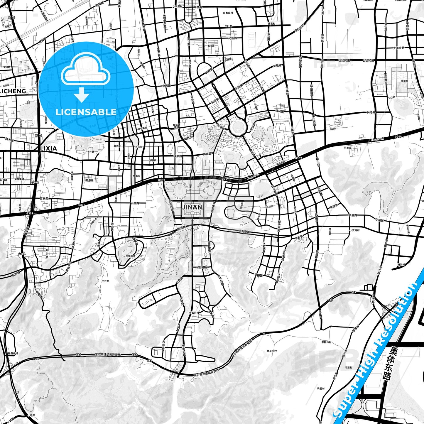 Jinan, China Light Map with Street Names, City Names, and Districts