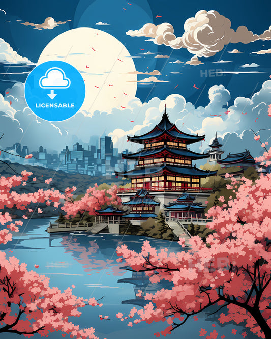 Vibrant Painting of Jinan China Skyline with Lake, Trees, and Pink Blossoms