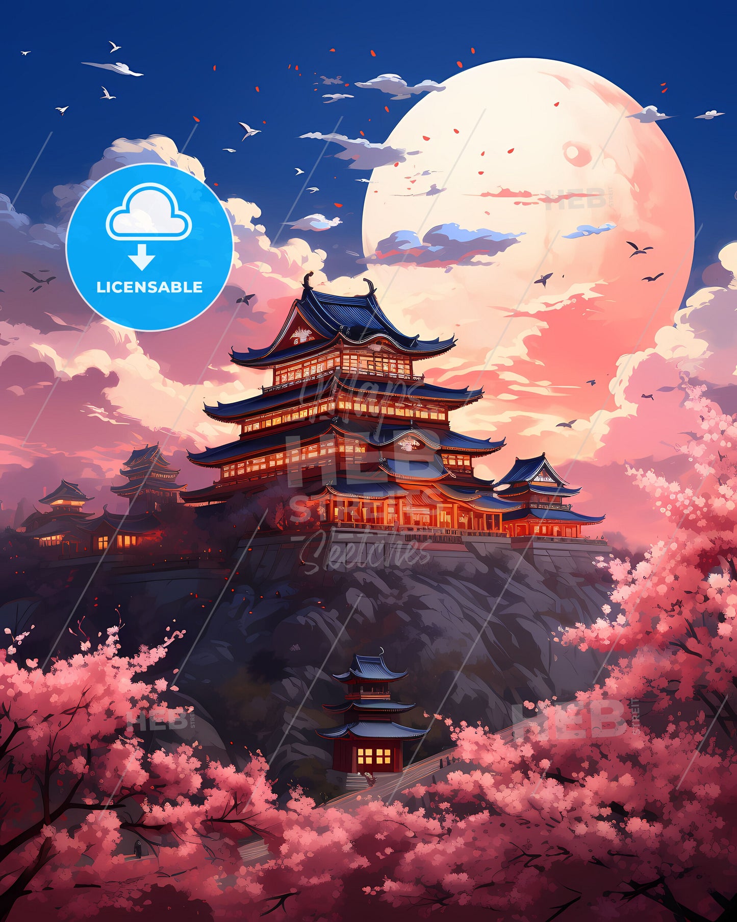 Expressive Cityscape Artwork: Jinan Skyline at Night with Hilltop Building and Majestic Moon