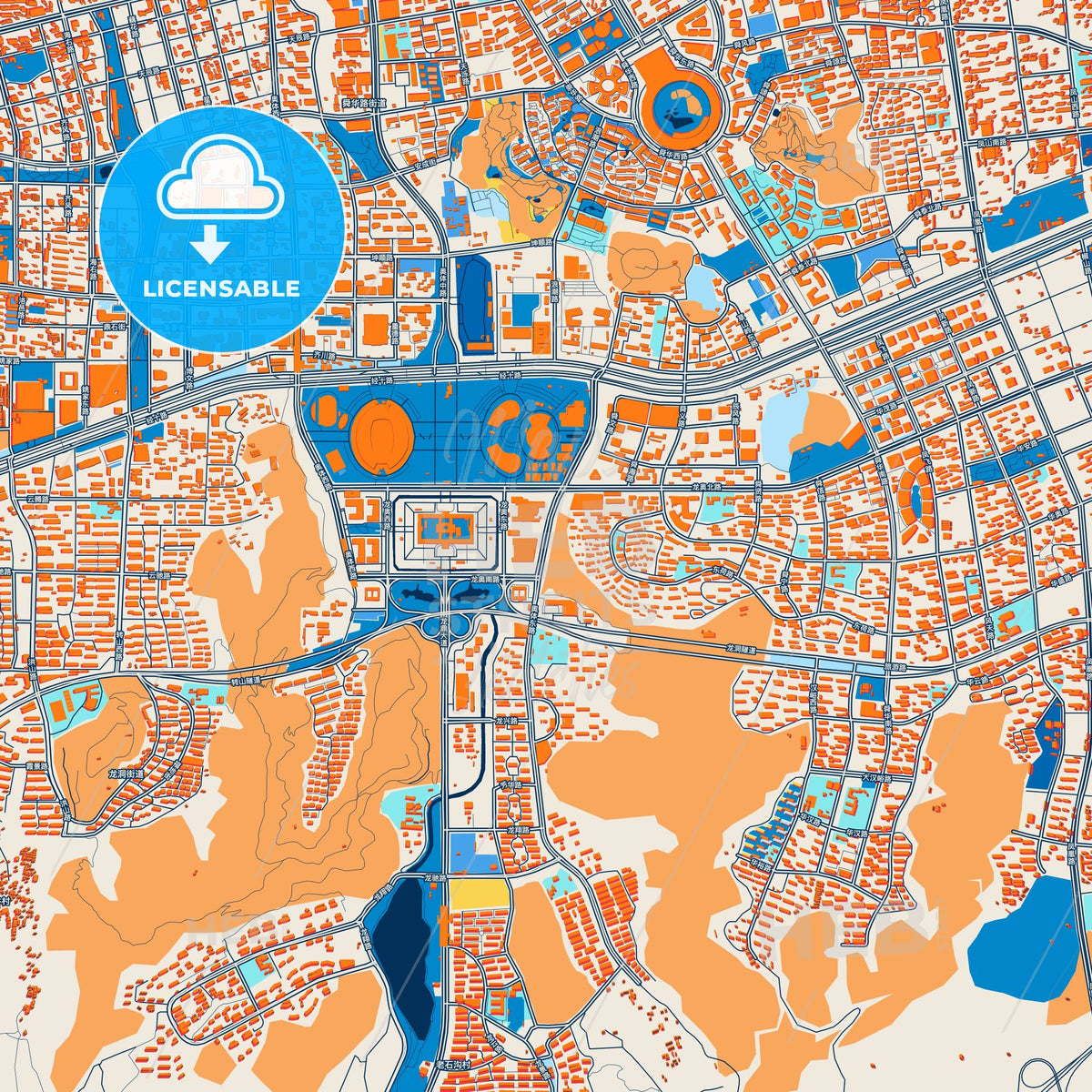 Colorful Jinan Street Map with Labels and Buildings