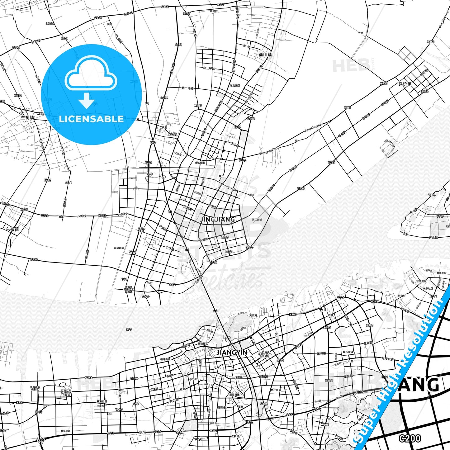 Jingjiang, China light map with streetnames, citynames and districts