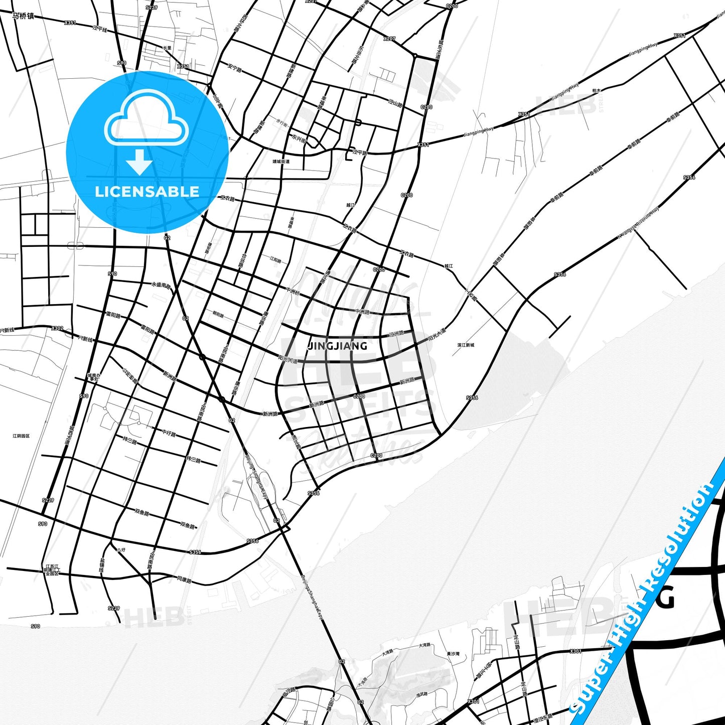 Jingjiang, China Light Map with Street Names, City Names, and Districts