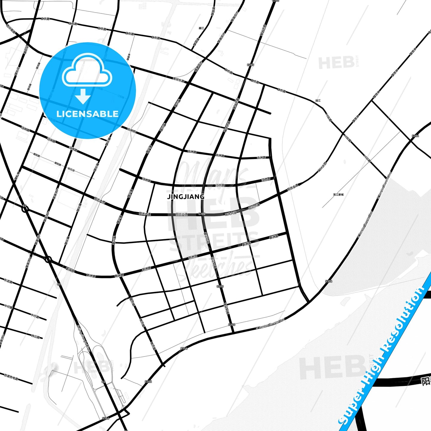 Jingjiang, China Light Map with Street Names, City Names, and Districts