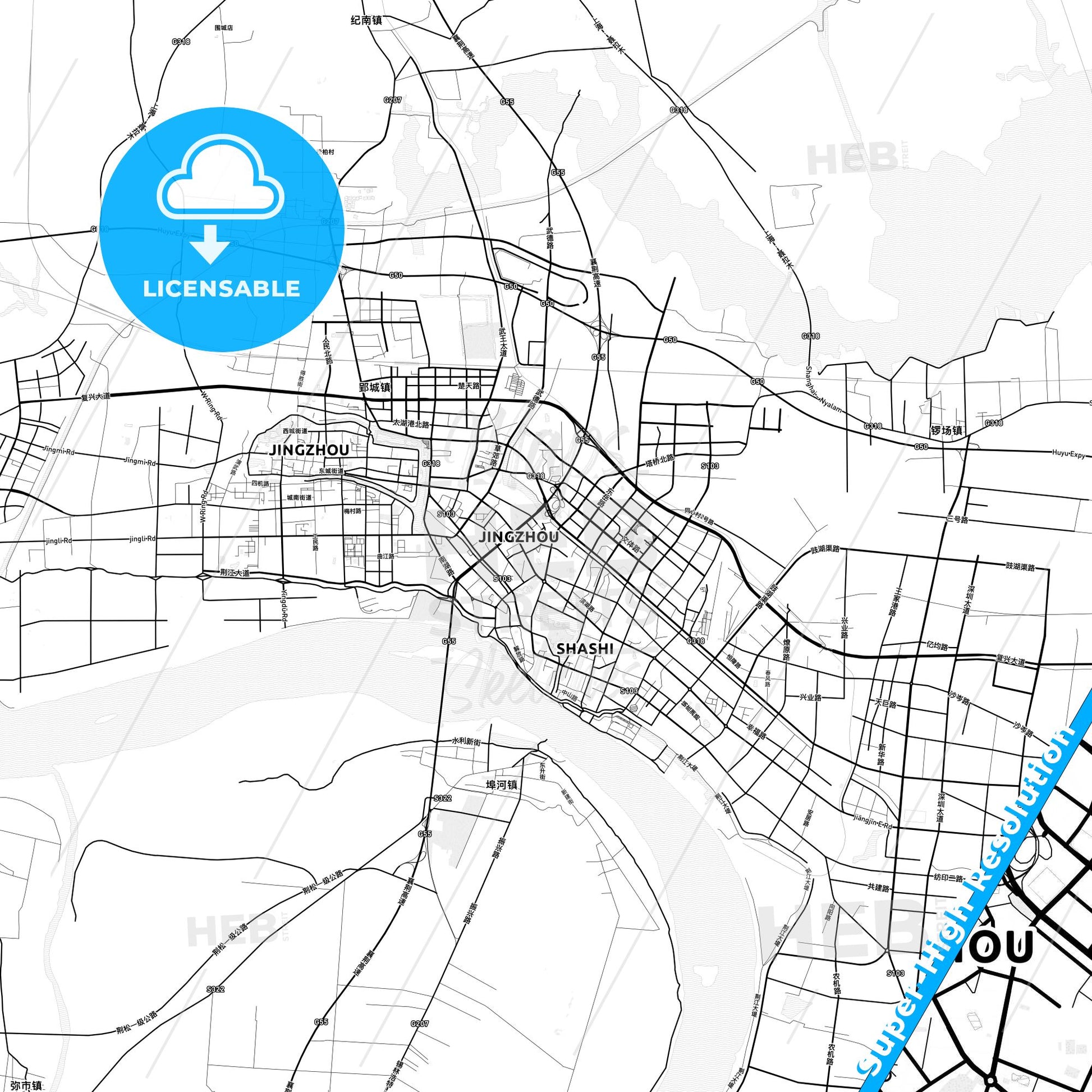 Jingzhou, China light map with streetnames, citynames and districts