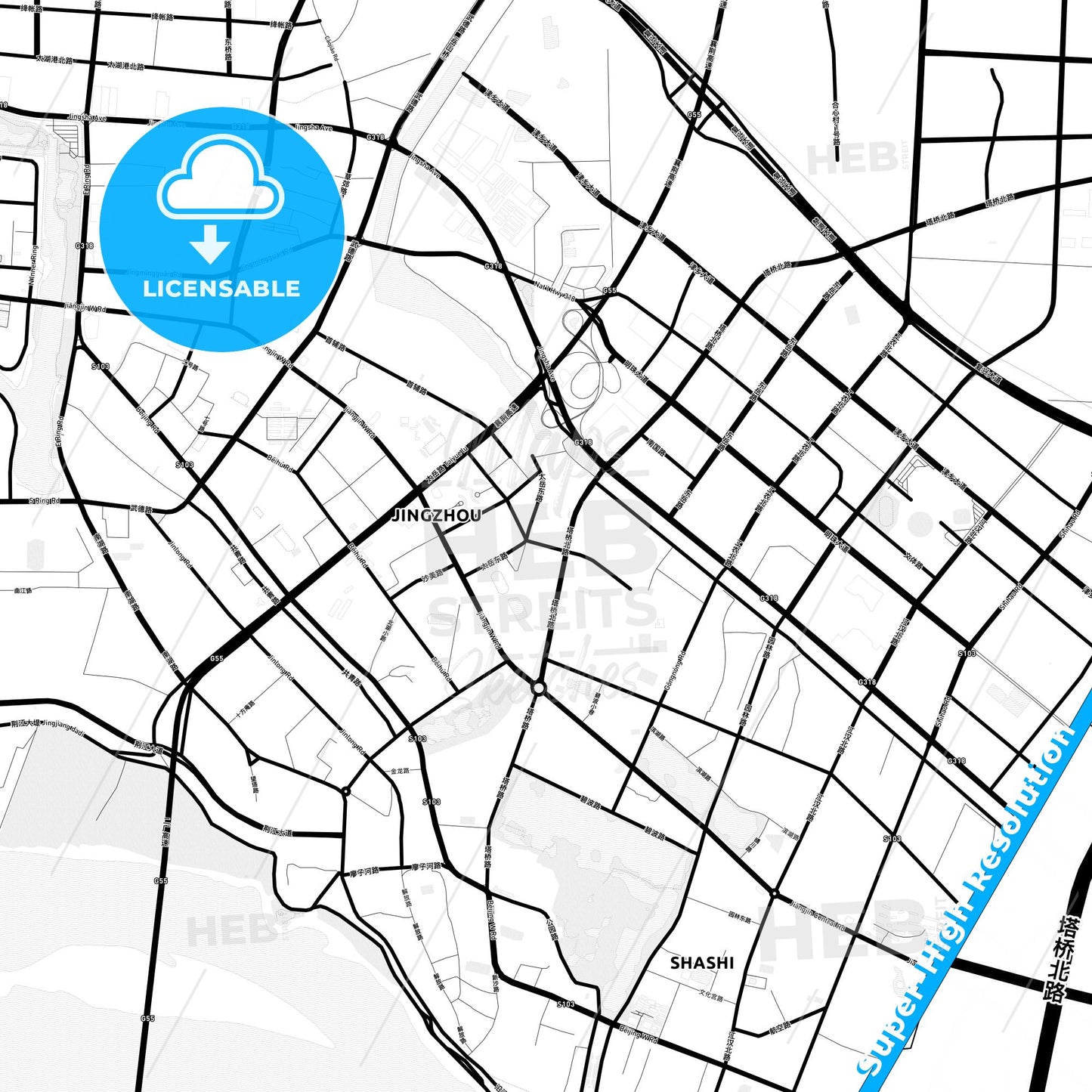 Jingzhou, China Light Map with Street Names, City Names, and Districts