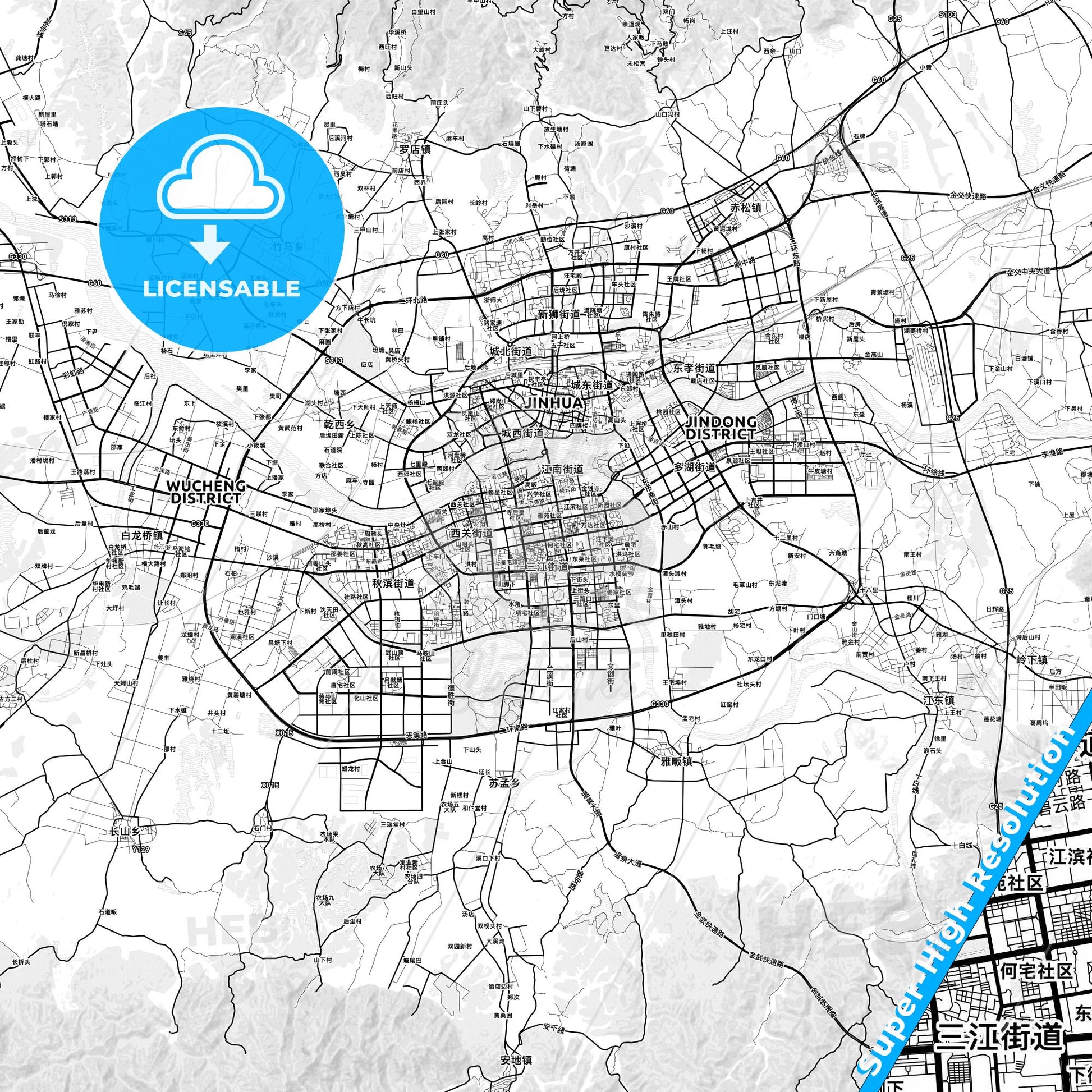 Jinhua, China light map with streetnames, citynames and districts