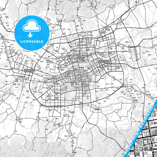 Jinhua, China light map with streetnames, citynames and districts