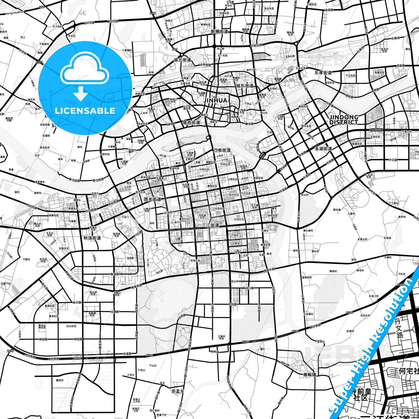 Jinhua, China Light Map with Street Names, City Names, and Districts