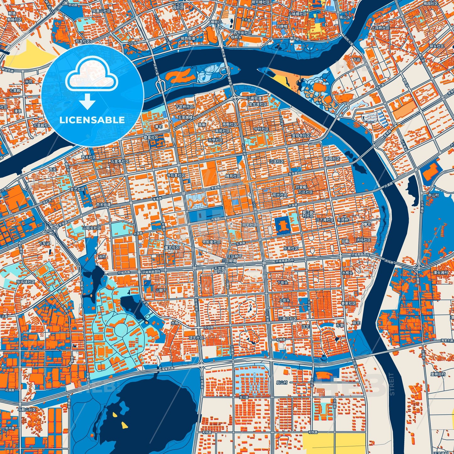 Colorful Jinhua Street Map with Labels and Buildings