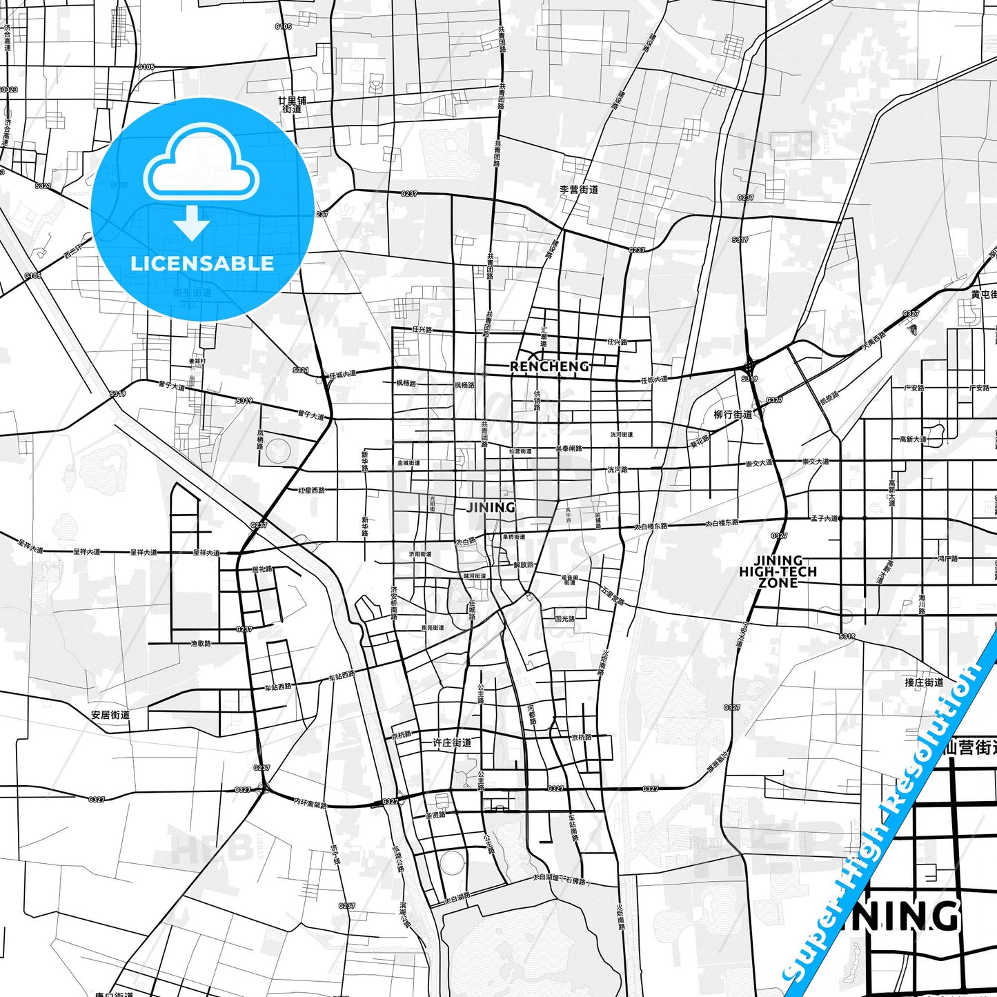 Jining, China light map with streetnames, citynames and districts