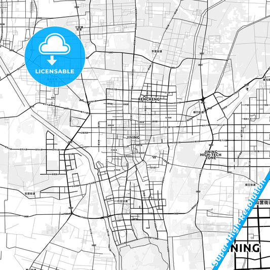 Jining, China light map with streetnames, citynames and districts