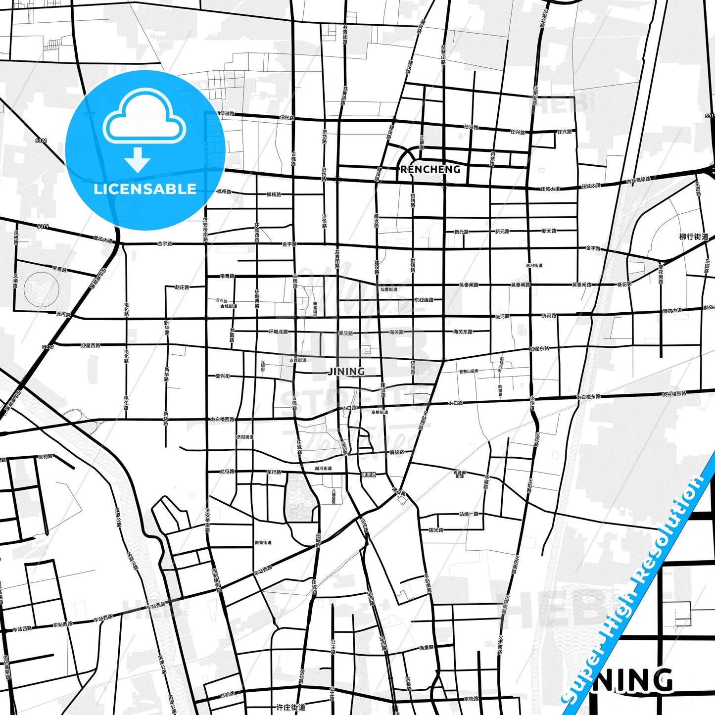 Jining, China Light Map with Street Names, City Names, and Districts