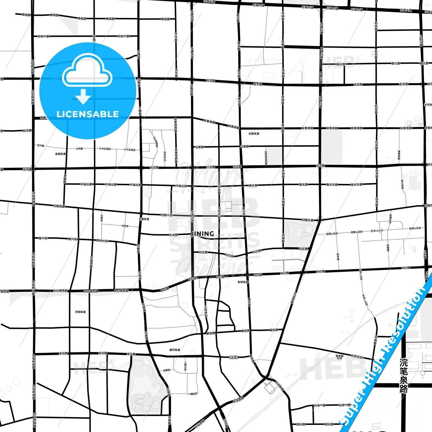 Jining, China Light Map with Street Names, City Names, and Districts