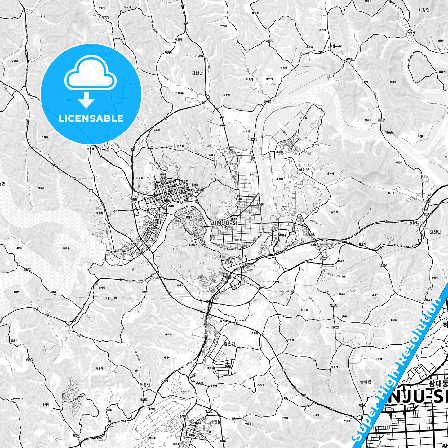 Jinju, South Korea light map with streetnames, citynames and districts