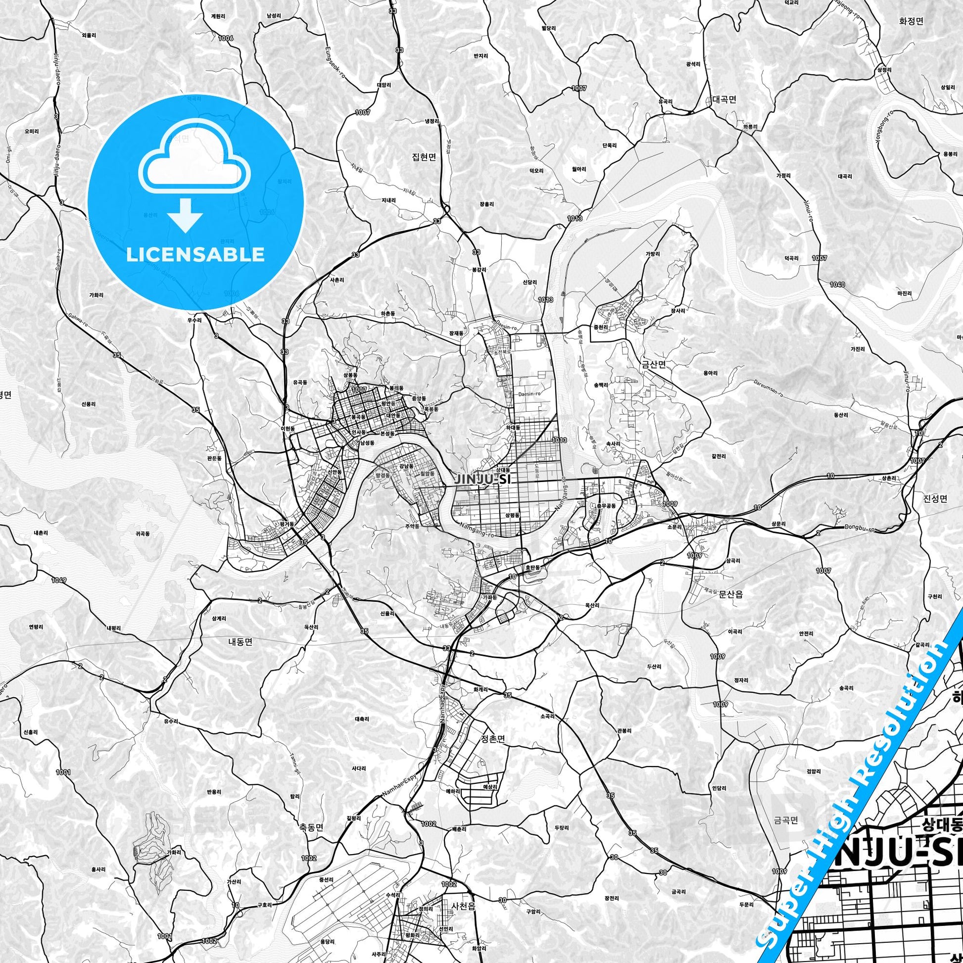 Jinju, South Korea light map with streetnames, citynames and districts