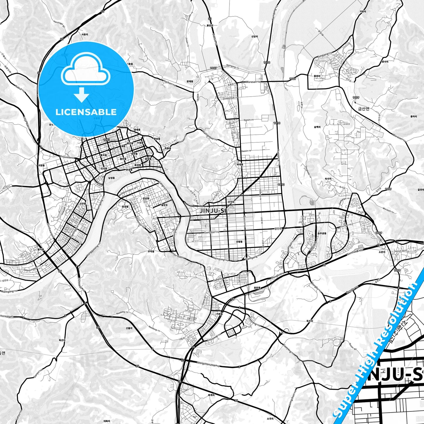 Jinju, South Korea Light Map with Street Names, City Names, and Districts