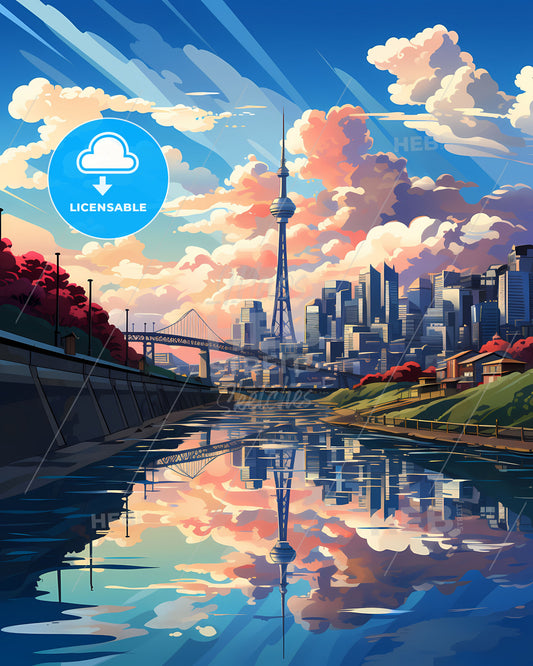 Vibrant Painting of Jinju Skyline: Bridge, Cityscape, Tower, Water Body, Korean Cityscape, Art, South Korea