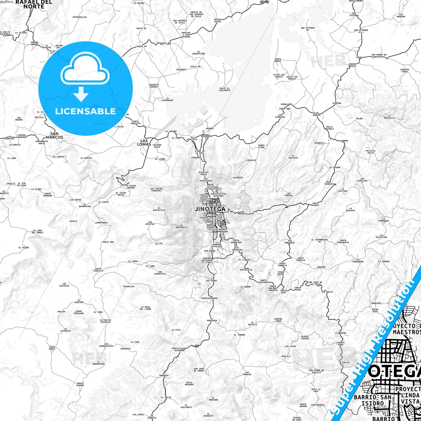 Jinotega, Nicaragua light map with streetnames, citynames and districts