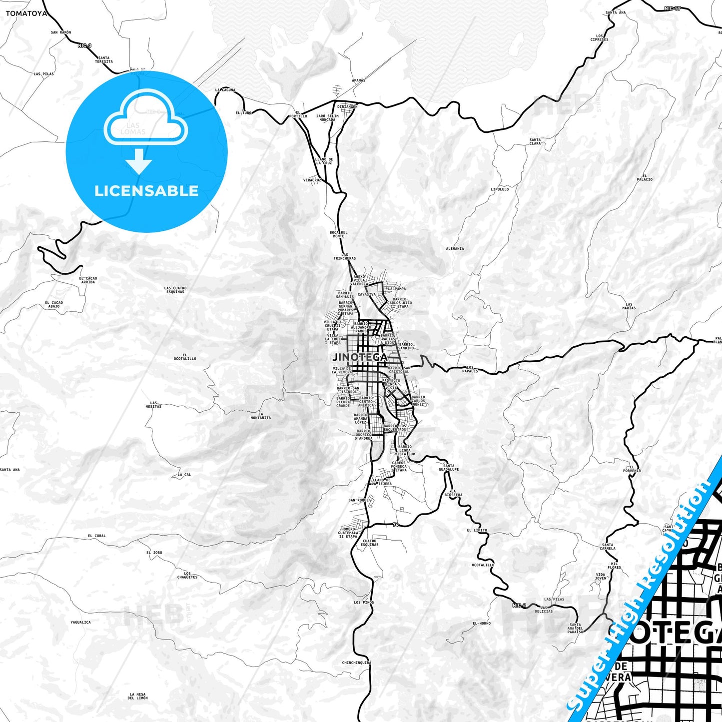 Jinotega, Nicaragua Light Map with Street Names, City Names, and Districts
