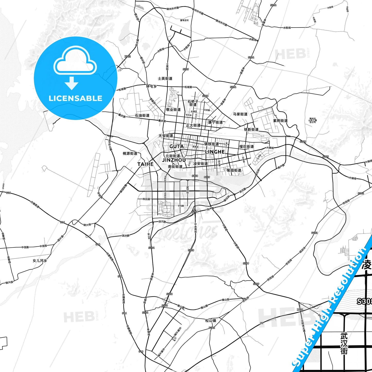 Jinzhou, China light map with streetnames, citynames and districts