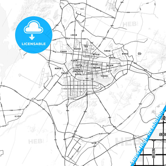 Jinzhou, China light map with streetnames, citynames and districts