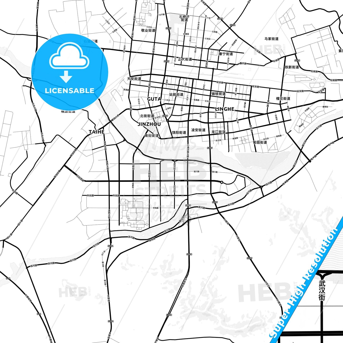 Jinzhou, China Light Map with Street Names, City Names, and Districts