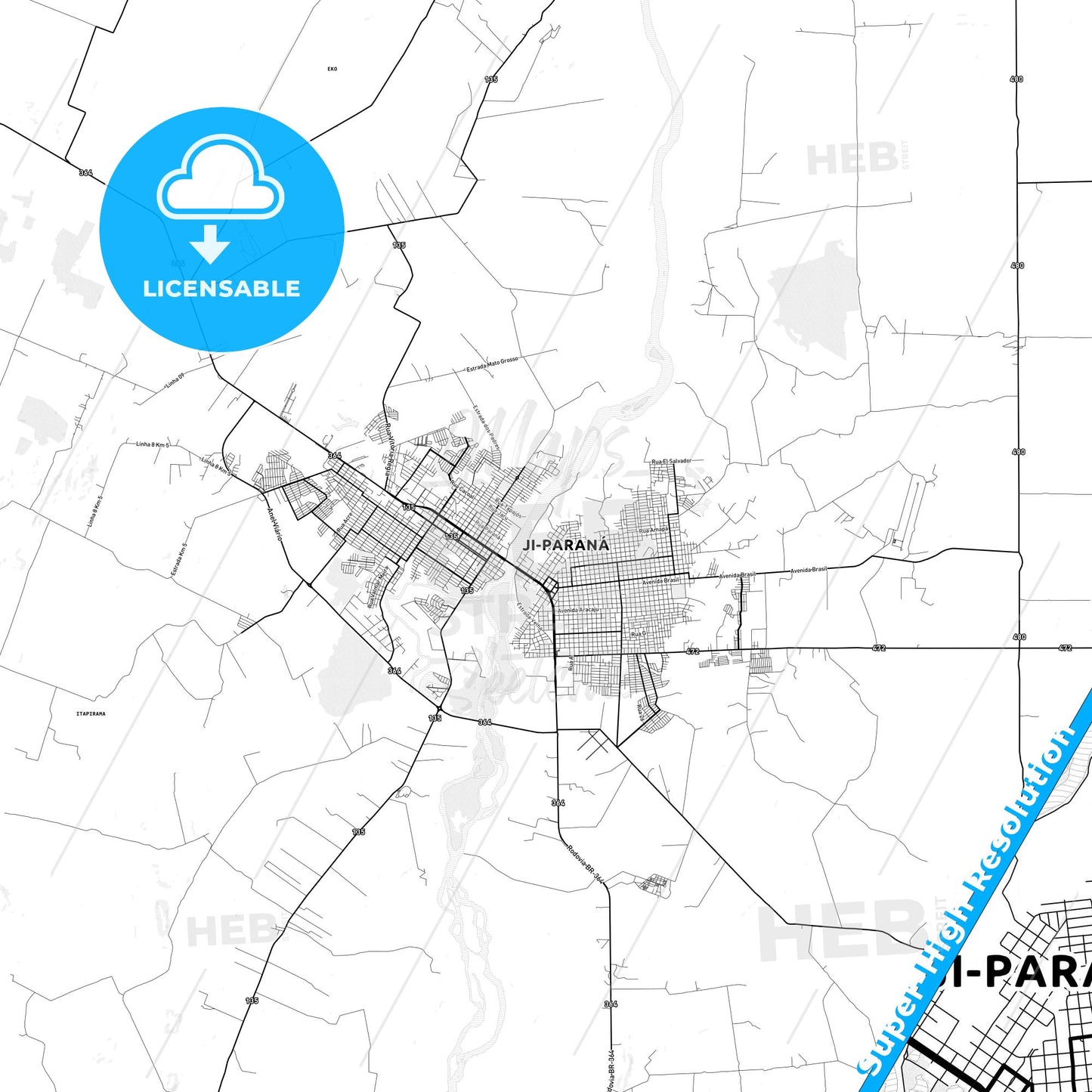 Ji Parana, Brazil light map with streetnames, citynames and districts