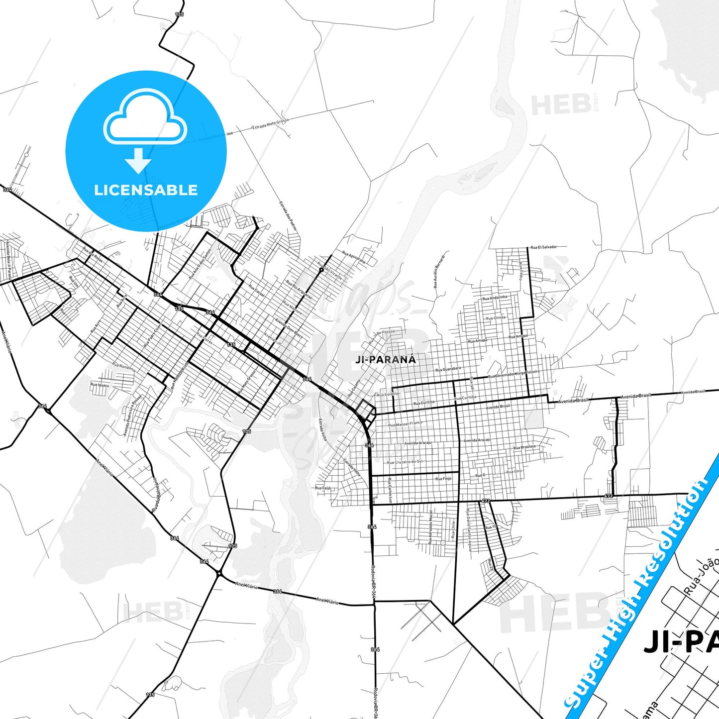 Ji Parana, Brazil Light Map with Street Names, City Names, and Districts