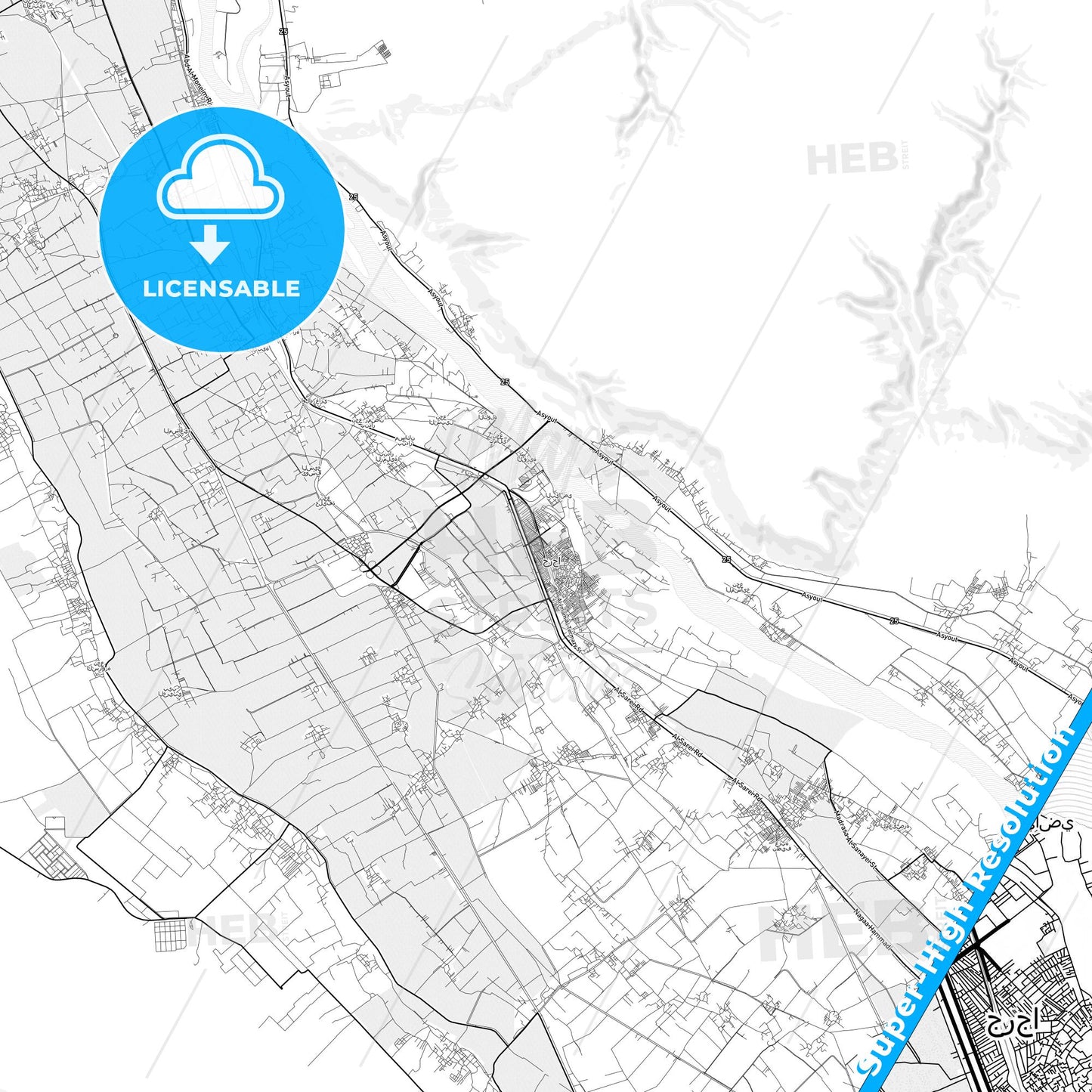 Jirja, Egypt light map with streetnames, citynames and districts
