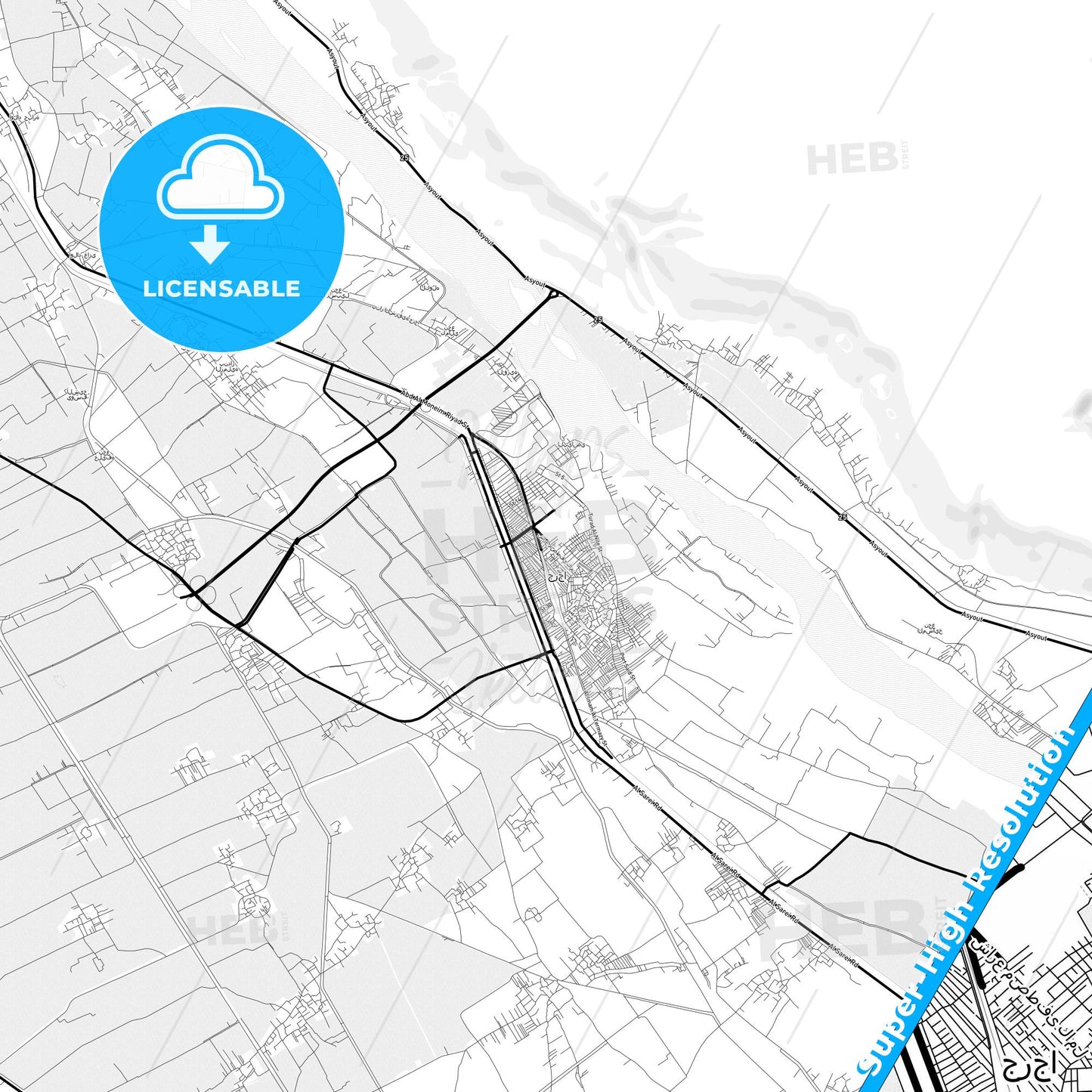 Jirja, Egypt Light Map with Street Names, City Names, and Districts