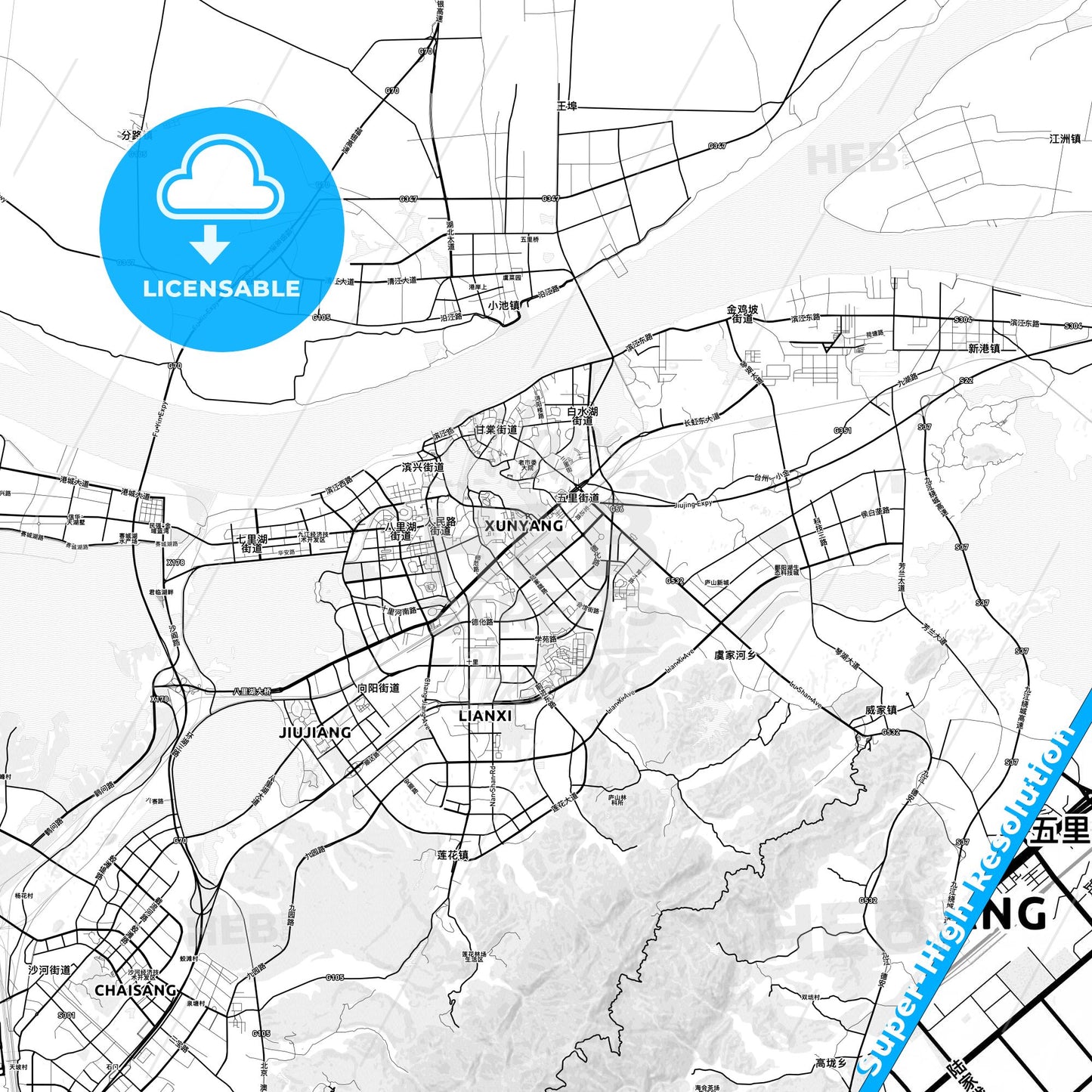 Jiujiang, China light map with streetnames, citynames and districts