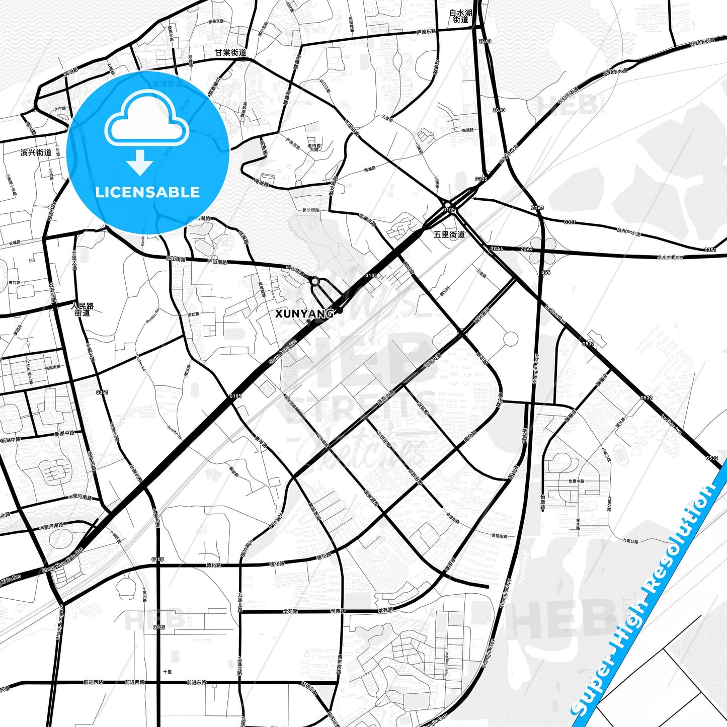 Jiujiang, China Light Map with Street Names, City Names, and Districts
