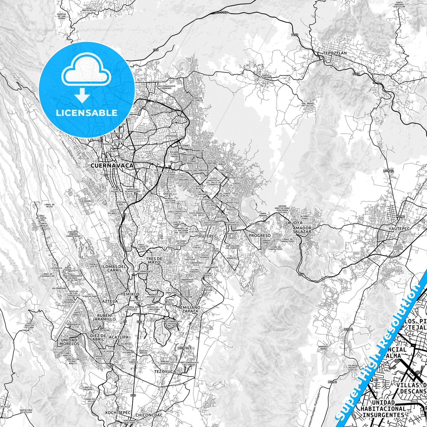 Jiutepec, Mexico light map with streetnames, citynames and districts