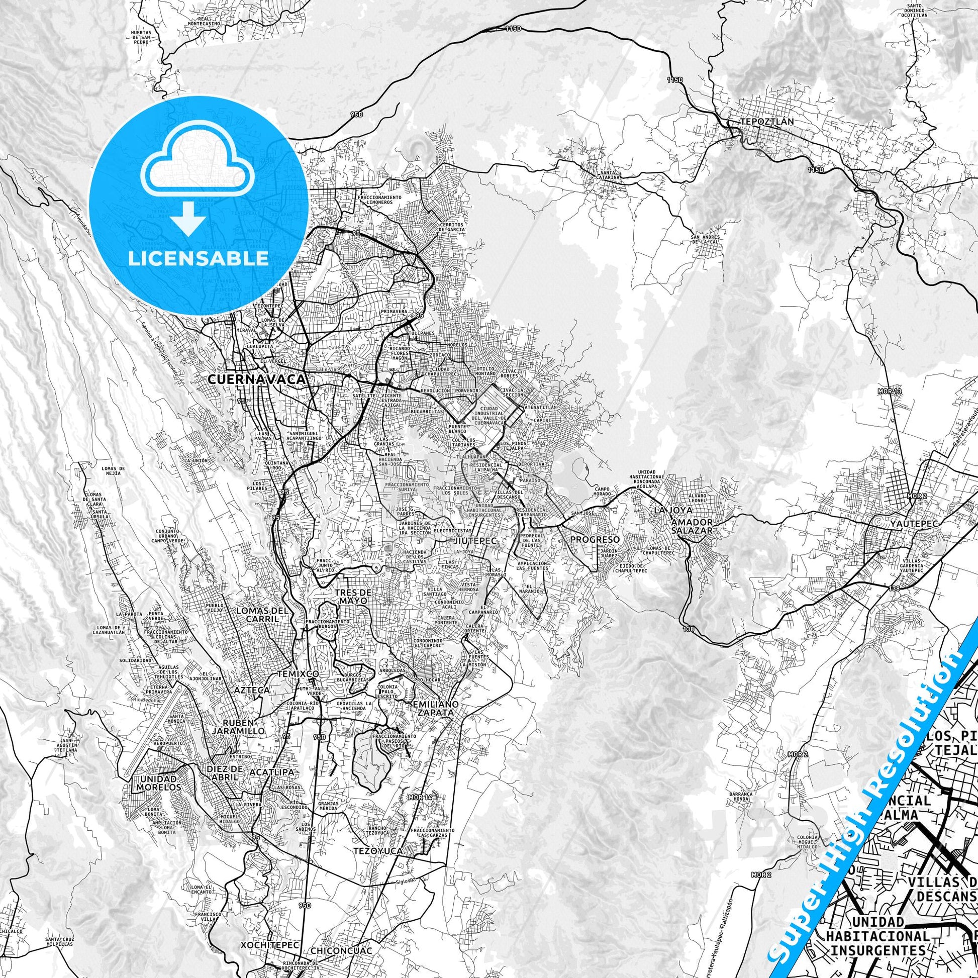 Jiutepec, Mexico light map with streetnames, citynames and districts
