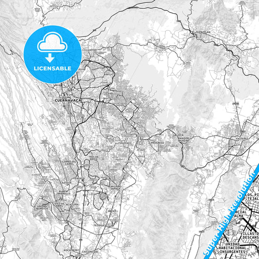 Jiutepec, Mexico light map with streetnames, citynames and districts