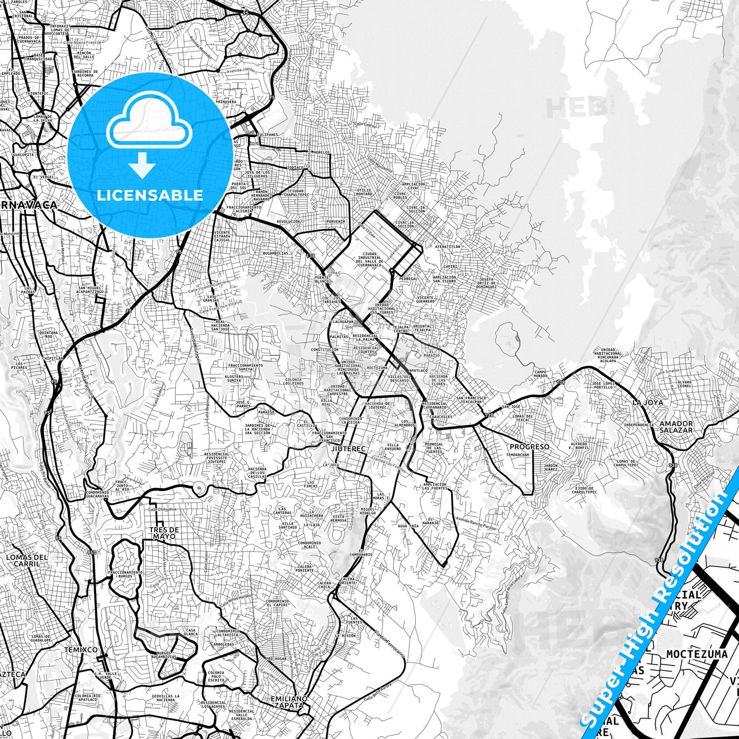 Jiutepec, Mexico Light Map with Street Names, City Names, and Districts
